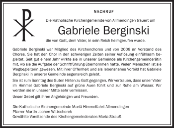 Traueranzeige von Gabriele Berginski von Ehinger Tagblatt