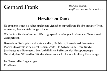 Traueranzeige von Gerhard Frank von Metzinger-Uracher Volksblatt