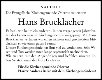 Traueranzeige von Hans Brucklacher von Rundschau Gaildorf