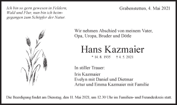 Traueranzeige von Hans Kazmaier von Alb-Bote/Metzinger-Uracher Volksblatt