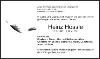 Traueranzeige von Heinz Hössle von SÜDWEST PRESSE Ausgabe Ulm/Neu-Ulm