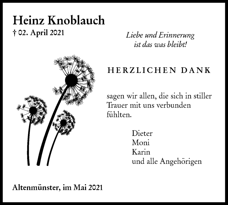  Traueranzeige für Heinz Knoblauch vom 08.05.2021 aus Hohenloher Tagblatt