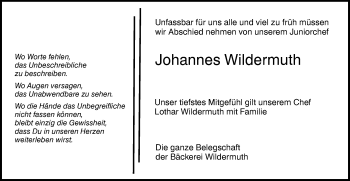 Traueranzeige von Johannes Wildermuth von SÜDWEST PRESSE