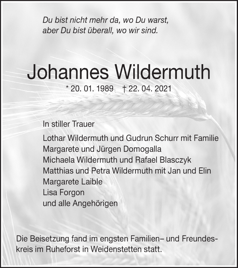  Traueranzeige für Johannes Wildermuth vom 06.05.2021 aus SÜDWEST PRESSE Ausgabe Ulm/Neu-Ulm