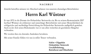 Traueranzeige von Karl Wüstner von Hohenloher Tagblatt