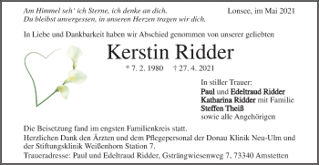 Traueranzeige von Kerstin Ridder von Geislinger Zeitung