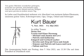 Traueranzeige von Kurt Bauer von Hohenloher Tagblatt