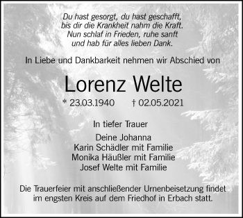 Traueranzeige von Lorenz Welte von SÜDWEST PRESSE Ausgabe Ulm/Neu-Ulm