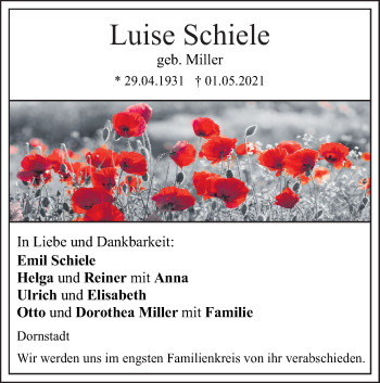 Traueranzeige von Luise Schiele von SÜDWEST PRESSE Ausgabe Ulm/Neu-Ulm