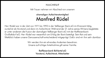 Traueranzeige von Manfred Rüdel von Haller Tagblatt