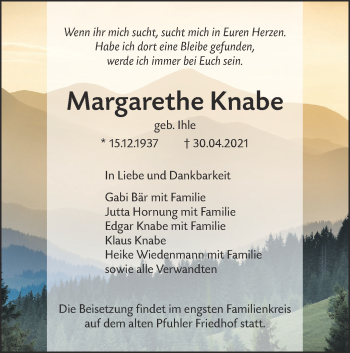 Traueranzeige von Margarethe Knabe von SÜDWEST PRESSE Ausgabe Ulm/Neu-Ulm