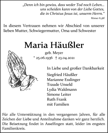 Traueranzeige von Maria Häußler von SÜDWEST PRESSE Ausgabe Ulm/Neu-Ulm