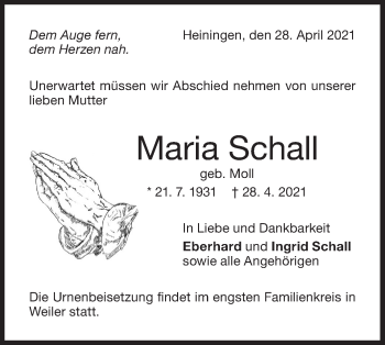 Traueranzeige von Maria Schall von NWZ Neue Württembergische Zeitung