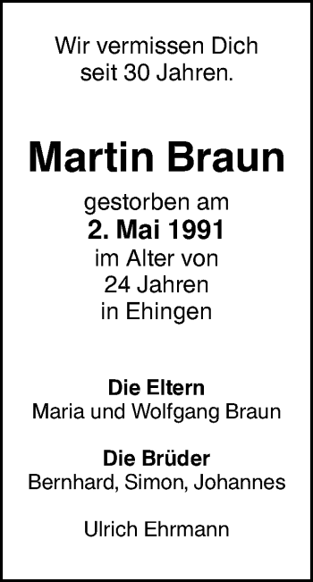 Traueranzeige von Martin Braun von Ehinger Tagblatt