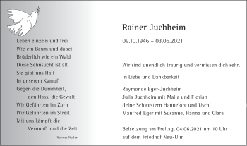 Traueranzeige von Rainer Juchheim von SÜDWEST PRESSE Ausgabe Ulm/Neu-Ulm