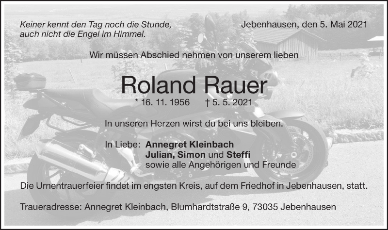  Traueranzeige für Roland Rauer vom 08.05.2021 aus NWZ Neue Württembergische Zeitung