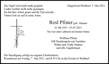 Traueranzeige von Rosl Pfister von Metzinger-Uracher Volksblatt