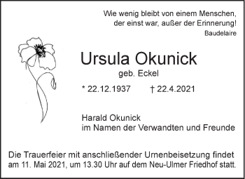 Traueranzeige von Ursula Okunick von SÜDWEST PRESSE Ausgabe Ulm/Neu-Ulm