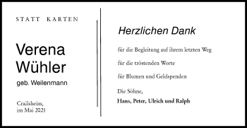 Traueranzeige von Verena Wühler von Hohenloher Tagblatt