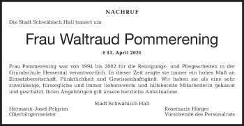 Traueranzeige von Waltraud Pommerening von Haller Tagblatt