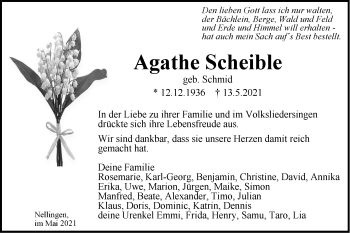 Traueranzeige von Agathe Scheible von SÜDWEST PRESSE Ausgabe Ulm/Neu-Ulm