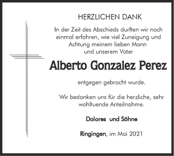 Traueranzeige von Alberto Gonzalez Perez von Metzinger-Uracher Volksblatt