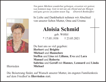 Traueranzeige von Aloisia Schmid von SÜDWEST PRESSE Ausgabe Ulm/Neu-Ulm