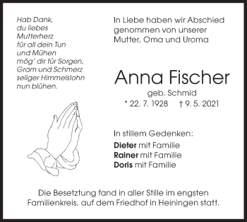 Traueranzeige von Anna Fischer von NWZ Neue Württembergische Zeitung