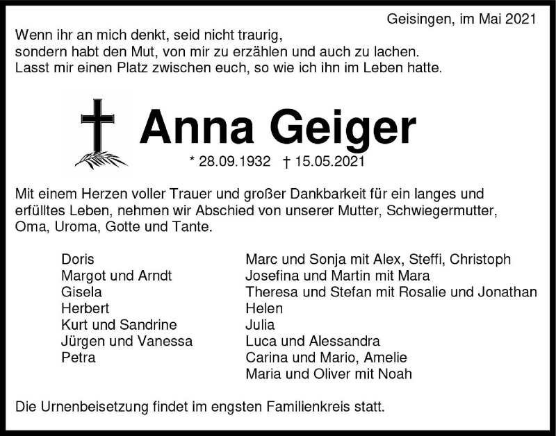  Traueranzeige für Anna Geiger vom 18.05.2021 aus Alb-Bote/Metzinger-Uracher Volksblatt