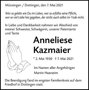 Traueranzeige von Anneliese Kazmaier von Alb-Bote/Metzinger-Uracher Volksblatt