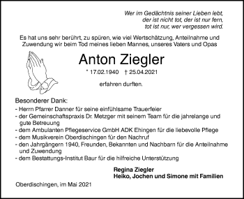 Traueranzeige von Anton Ziegler von SÜDWEST PRESSE Ausgabe Ulm/Neu-Ulm