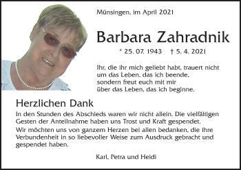 Traueranzeige von Barbara Zahradnik von Alb-Bote/Metzinger-Uracher Volksblatt