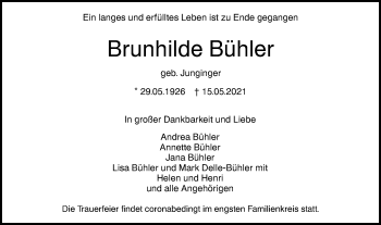 Traueranzeige von Brunhilde Bühler von SÜDWEST PRESSE Ausgabe Ulm/Neu-Ulm