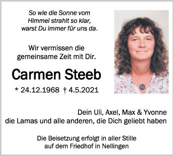 Traueranzeige von Carmen Steeb von SÜDWEST PRESSE Ausgabe Ulm/Neu-Ulm