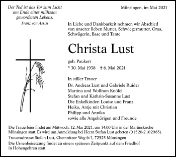 Traueranzeige von Christa Lust von Alb-Bote/Metzinger-Uracher Volksblatt