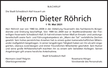 Traueranzeige von Dieter Röhrich von Haller Tagblatt