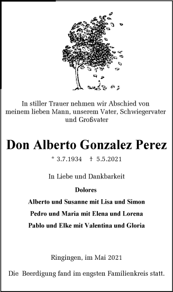 Traueranzeige von Don Alberto Gonzalez Perez von Metzinger-Uracher Volksblatt