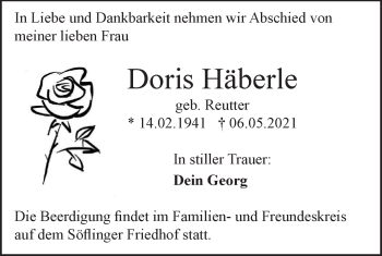 Traueranzeige von Doris Häberle von SÜDWEST PRESSE Ausgabe Ulm/Neu-Ulm