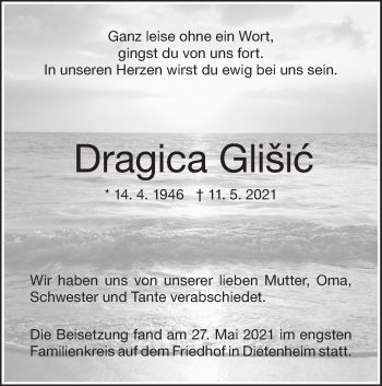 Traueranzeige von Dragica Glišic von Illertal Bote