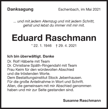 Traueranzeige von Eduard Raschmann von NWZ Neue Württembergische Zeitung