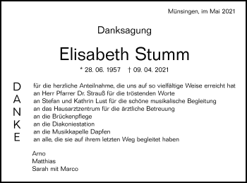 Traueranzeige von Elisabeth Stumm von Alb-Bote/Metzinger-Uracher Volksblatt