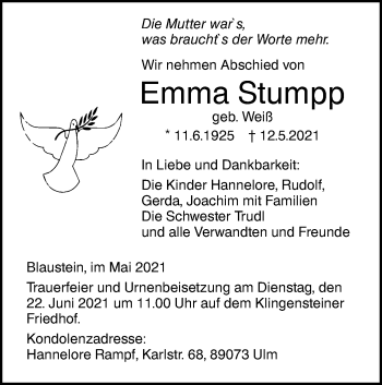 Traueranzeige von Emma Stumpp von SÜDWEST PRESSE Ausgabe Ulm/Neu-Ulm