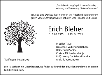 Traueranzeige von Erich Bleher von Alb-Bote/Metzinger-Uracher Volksblatt