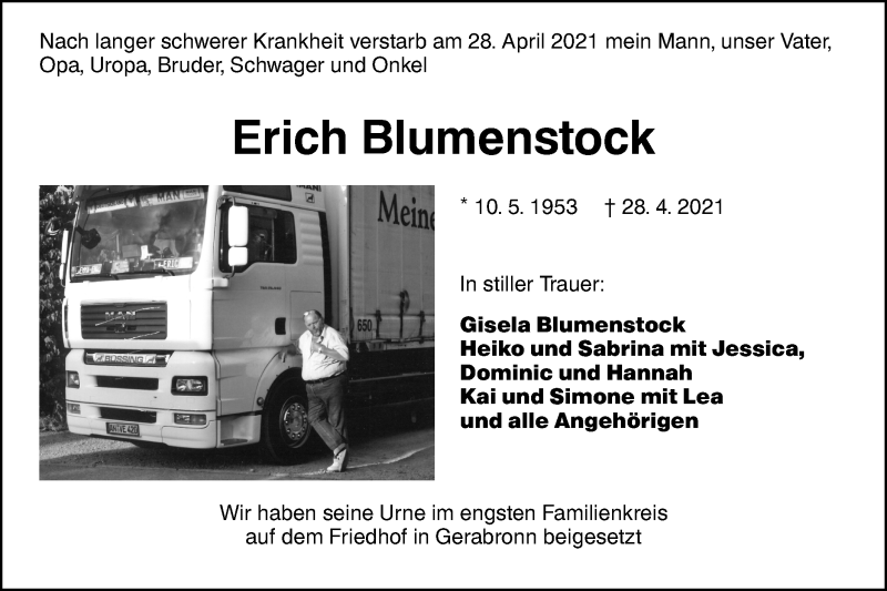  Traueranzeige für Erich Blumenstock vom 28.05.2021 aus Hohenloher Tagblatt