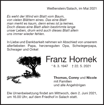 Traueranzeige von Franz Hornek von NWZ Neue Württembergische Zeitung