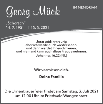 Traueranzeige von Georg Mück von NWZ Neue Württembergische Zeitung