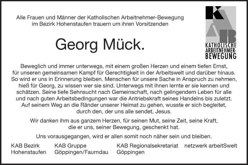  Traueranzeige für Georg Mück vom 19.05.2021 aus NWZ Neue Württembergische Zeitung/Geislinger Zeitung