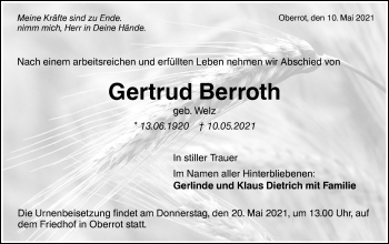 Traueranzeige von Gertrud Berroth von Rundschau Gaildorf