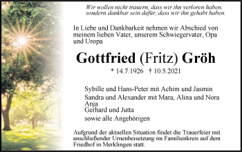 Traueranzeige von Gottfried Gröh von SÜDWEST PRESSE Ausgabe Ulm/Neu-Ulm