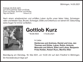 Traueranzeige von Gottlob Kurz von Metzinger-Uracher Volksblatt